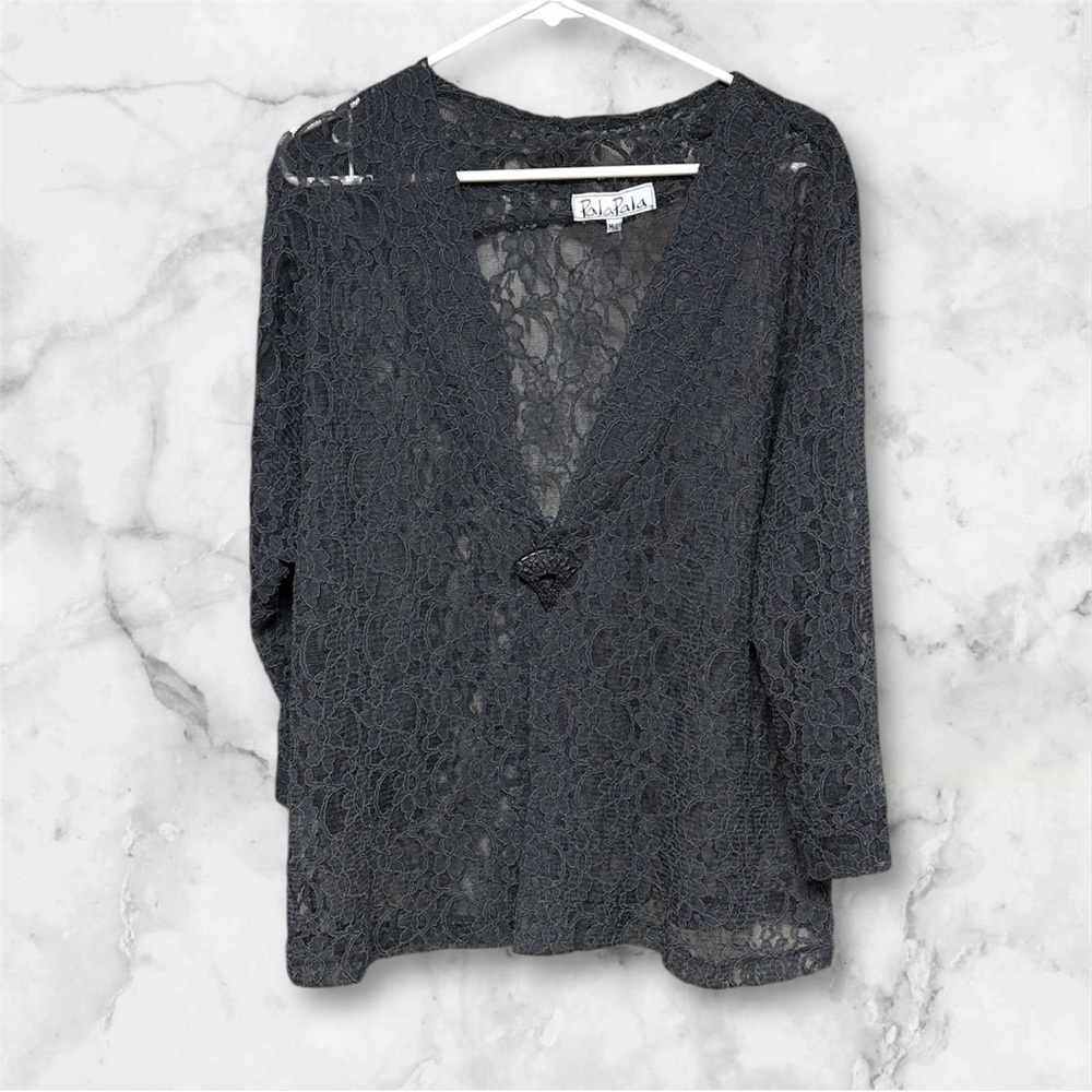 Vintage Palapala Black grayish Lace Long Sleeve blazer coverup top sz M/L